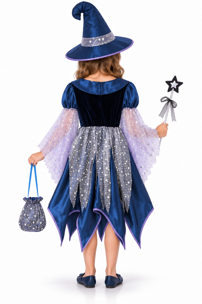 Rochie de vrăjitoare pentru fetițe, cu pălărie, baghetă și gentuță – costum cu steluțe pentru Halloween și petreceri tematice