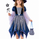 Rochie de vrăjitoare pentru fetițe, cu pălărie, baghetă și gentuță – costum cu steluțe pentru Halloween și petreceri tematice
