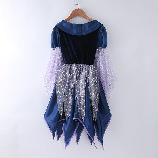 Rochie de vrăjitoare pentru fetițe, cu pălărie, baghetă și gentuță – costum cu steluțe pentru Halloween și petreceri tematice