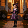 Rochie de vrăjitoare pentru fetițe, cu pălărie, baghetă și gentuță – costum tematic pentru Halloween și joc de rol