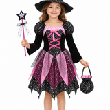 Rochie de vrăjitoare pentru fetițe, cu pălărie, baghetă și gentuță – costum tematic pentru Halloween și joc de rol