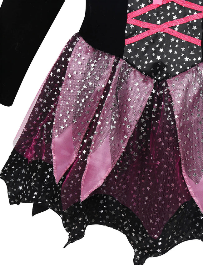 Rochie de vrăjitoare pentru fetițe, cu pălărie, baghetă și gentuță – costum tematic pentru Halloween și joc de rol