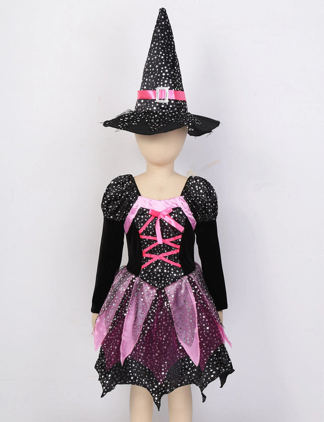 Rochie de vrăjitoare pentru fetițe, cu pălărie, baghetă și gentuță – costum tematic pentru Halloween și joc de rol