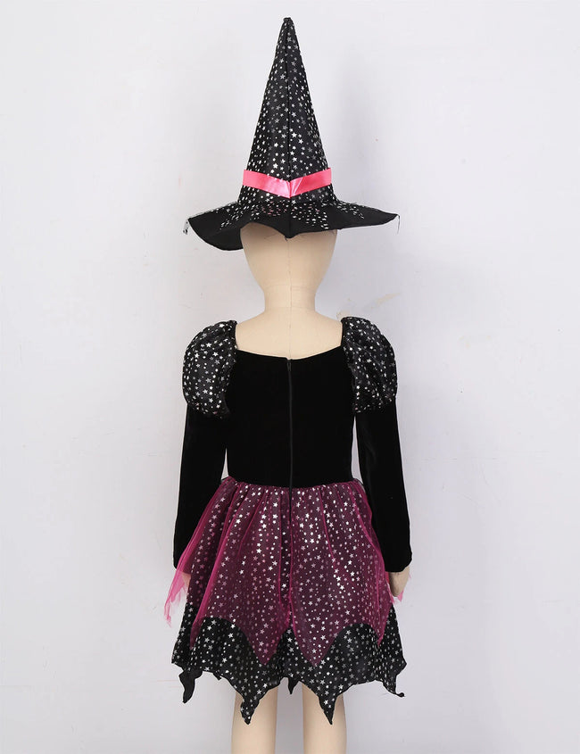 Rochie de vrăjitoare pentru fetițe, cu pălărie, baghetă și gentuță – costum tematic pentru Halloween și joc de rol