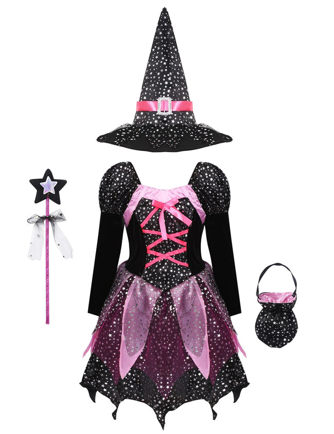 Rochie de vrăjitoare pentru fetițe, cu pălărie, baghetă și gentuță – costum tematic pentru Halloween și joc de rol