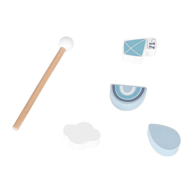 Cub de activități 5 în 1 pentru copii - jucărie Montessori cu sortator forme, labirint și xilofon, din lemn, bleu