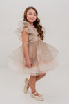 CELESTE - Rochita de ocazie din organza cu buline si tulle fin cu crinolina, bej