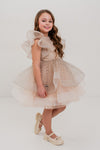 CELESTE - Rochita de ocazie din organza cu buline si tulle fin cu crinolina, bej