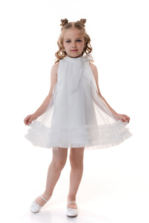 PORTIA - Rochie eleganta din voal si tulle fin cu funda decorativa la guler, alb