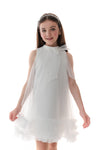 PORTIA - Rochie eleganta din voal si tulle fin cu funda decorativa la guler, alb