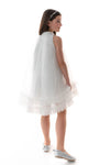 PORTIA - Rochie eleganta din voal si tulle fin cu funda decorativa la guler, alb