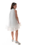 PORTIA - Rochie eleganta din voal si tulle fin cu funda decorativa la guler, alb