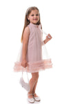 PORTIA - Rochie eleganta din voal si tulle fin cu funda decorativa la guler, roz