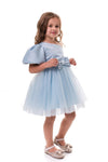 ROVENA - Rochie de ocazie din saten cu tulle fin si model asimetric pe un umar, bleu