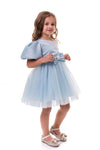 ROVENA - Rochie de ocazie din saten cu tulle fin si model asimetric pe un umar, bleu