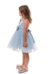 ROVENA - Rochie de ocazie din saten cu tulle fin si model asimetric pe un umar, bleu