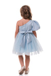 ROVENA - Rochie de ocazie din saten cu tulle fin si model asimetric pe un umar, bleu