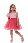 ROVENA - Rochie de ocazie din saten cu tulle fin si model asimetric pe un umar, coral
