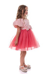 ROVENA - Rochie de ocazie din saten cu tulle fin si model asimetric pe un umar, coral