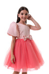 ROVENA - Rochie de ocazie din saten cu tulle fin si model asimetric pe un umar, coral