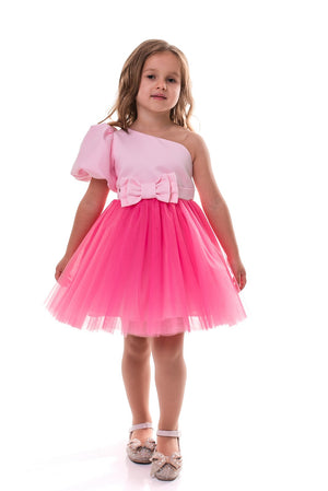 ROVENA - Rochie de ocazie din saten cu tulle fin si model asimetric pe un umar, roz