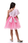 ROVENA - Rochie de ocazie din saten cu tulle fin si model asimetric pe un umar, roz