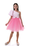 ROVENA - Rochie de ocazie din saten cu tulle fin si model asimetric pe un umar, roz