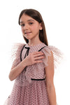 ODALYS – Rochie eleganta din tulle fin cu volane, buline si panglici din catifea, roz prafuit