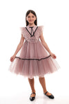 ODALYS – Rochie eleganta din tulle fin cu volane, buline si panglici din catifea, roz prafuit