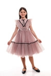 ODALYS – Rochie eleganta din tulle fin cu volane, buline si panglici din catifea, roz prafuit