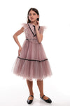 ODALYS – Rochie eleganta din tulle fin cu volane, buline si panglici din catifea, roz prafuit