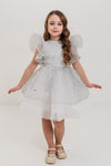 CELESTE - Rochita de ocazie din organza cu buline si tulle fin cu crinolina, alb