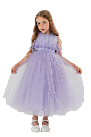 JASMINE – Rochita de ocazie din tulle fin cu saten si drapaje cu funda decorativa, lavanda