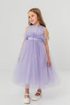 JASMINE – Rochita de ocazie din tulle fin cu saten si drapaje cu funda decorativa, lavanda