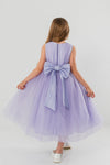 JASMINE – Rochita de ocazie din tulle fin cu saten si drapaje cu funda decorativa, lavanda