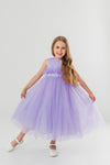 JASMINE – Rochita de ocazie din tulle fin cu saten si drapaje cu funda decorativa, lavanda