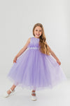 JASMINE – Rochita de ocazie din tulle fin cu saten si drapaje cu funda decorativa, lavanda