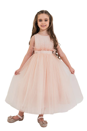 JASMINE – Rochita de ocazie din tulle fin cu saten si drapaje cu funda decorativa, piersica