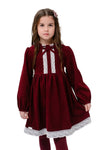 EMILIA – Rochie din catifea reiat cu model in clos, aplicatii din dantela si fundita decorativa, rosu bordo
