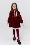 EMILIA – Rochie din catifea reiat cu model in clos, aplicatii din dantela si fundita decorativa, rosu bordo