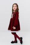 EMILIA – Rochie din catifea reiat cu model in clos, aplicatii din dantela si fundita decorativa, rosu bordo