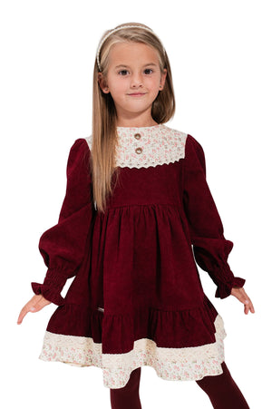 AYSEL – Rochie din catifea reiat cu model in clos, detalii florale si aplicatii din dantela vintage, rosu bordo