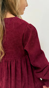 AYSEL – Rochie din catifea reiat cu model in clos, detalii florale si aplicatii din dantela vintage, rosu bordo