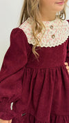 AYSEL – Rochie din catifea reiat cu model in clos, detalii florale si aplicatii din dantela vintage, rosu bordo