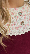 AYSEL – Rochie din catifea reiat cu model in clos, detalii florale si aplicatii din dantela vintage, rosu bordo