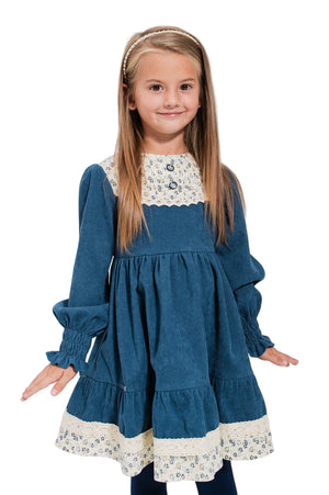 AYSEL – Rochie din catifea reiat cu model în clos, detalii florale și aplicații din dantelă vintage, albastru