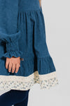 AYSEL – Rochie din catifea reiat cu model in clos, detalii florale si aplicatii din dantela vintage, albastru