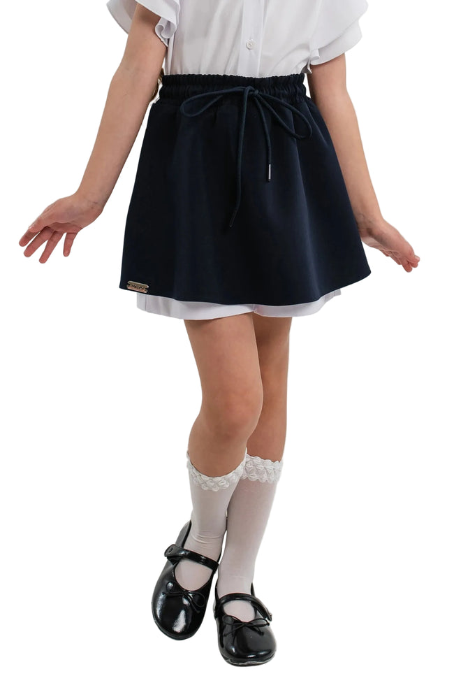 ELEANOR - Fusta/pantalon din stofa bleumarin cu volan alb, skort ideal pentru uniforma scolara