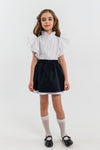 ELEANOR - Fusta/pantalon din stofa bleumarin cu volan alb, skort ideal pentru uniforma scolara