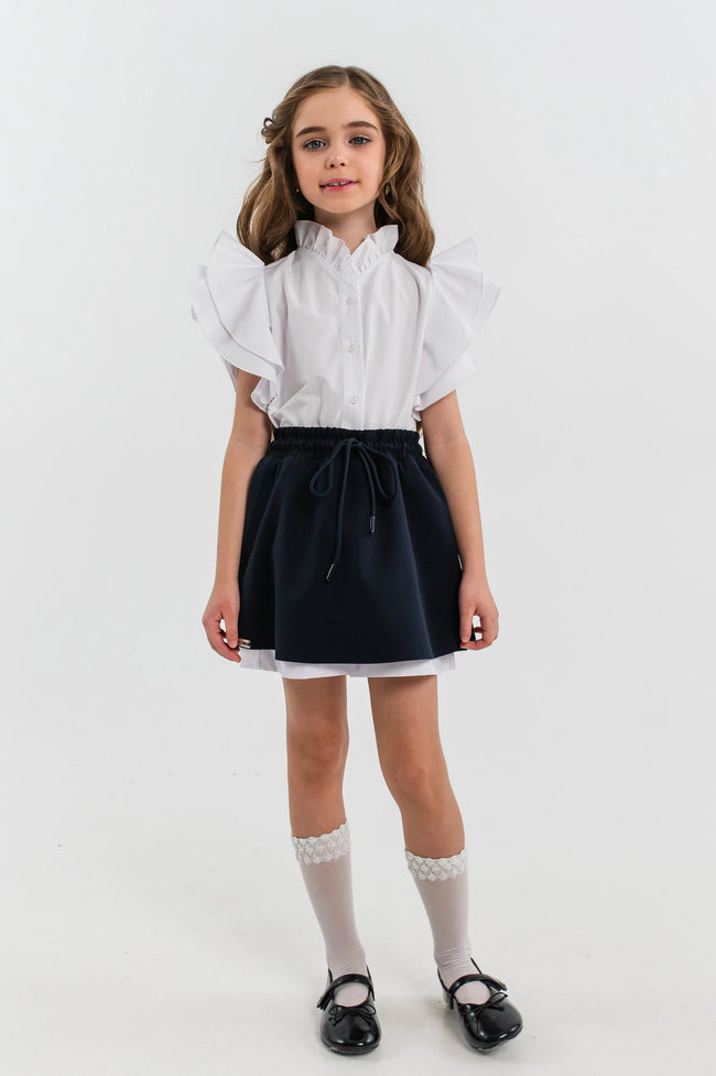 ELEANOR - Fusta/pantalon din stofa bleumarin cu volan alb, skort ideal pentru uniforma scolara